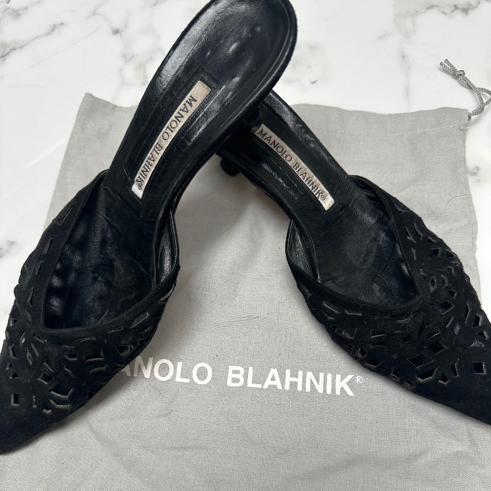 Manolo Blahnik Black Suede Kitten Heel Mules with Fretwork Size 37.5